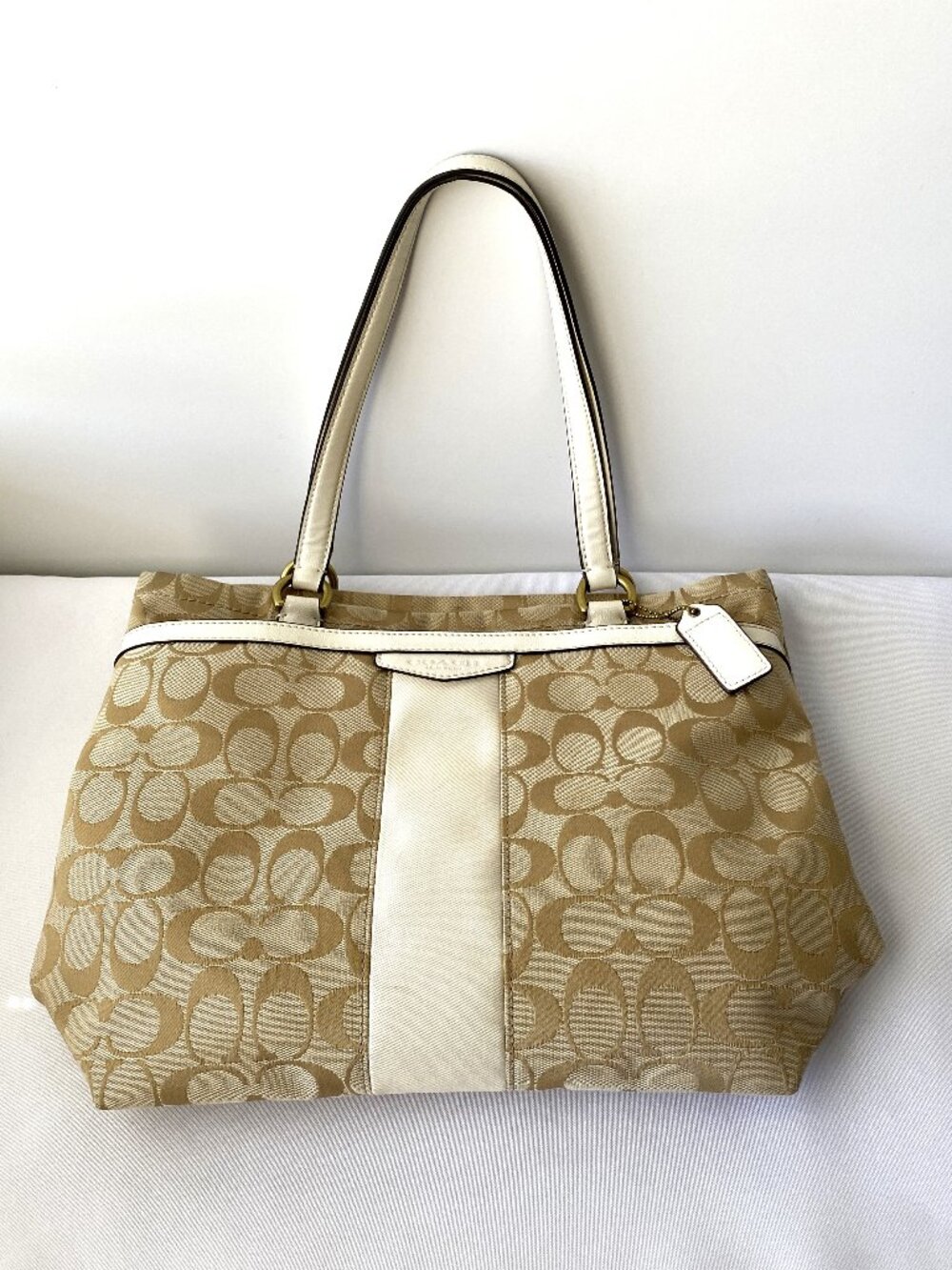 Coach Signature Jacquard Tote Bag | Beige and Ivory Designer Handbag | Large Bag